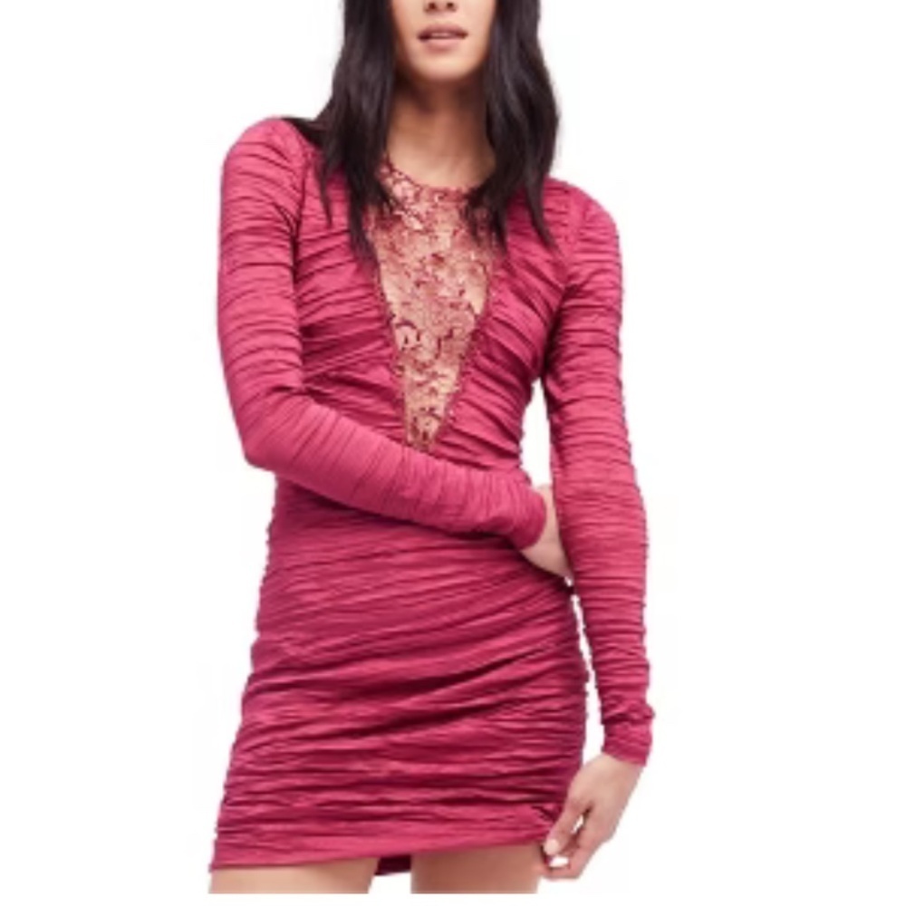 NWT Free People Look of Love Ruched Lace Open Back Bodycon Mini Dress Size 4
